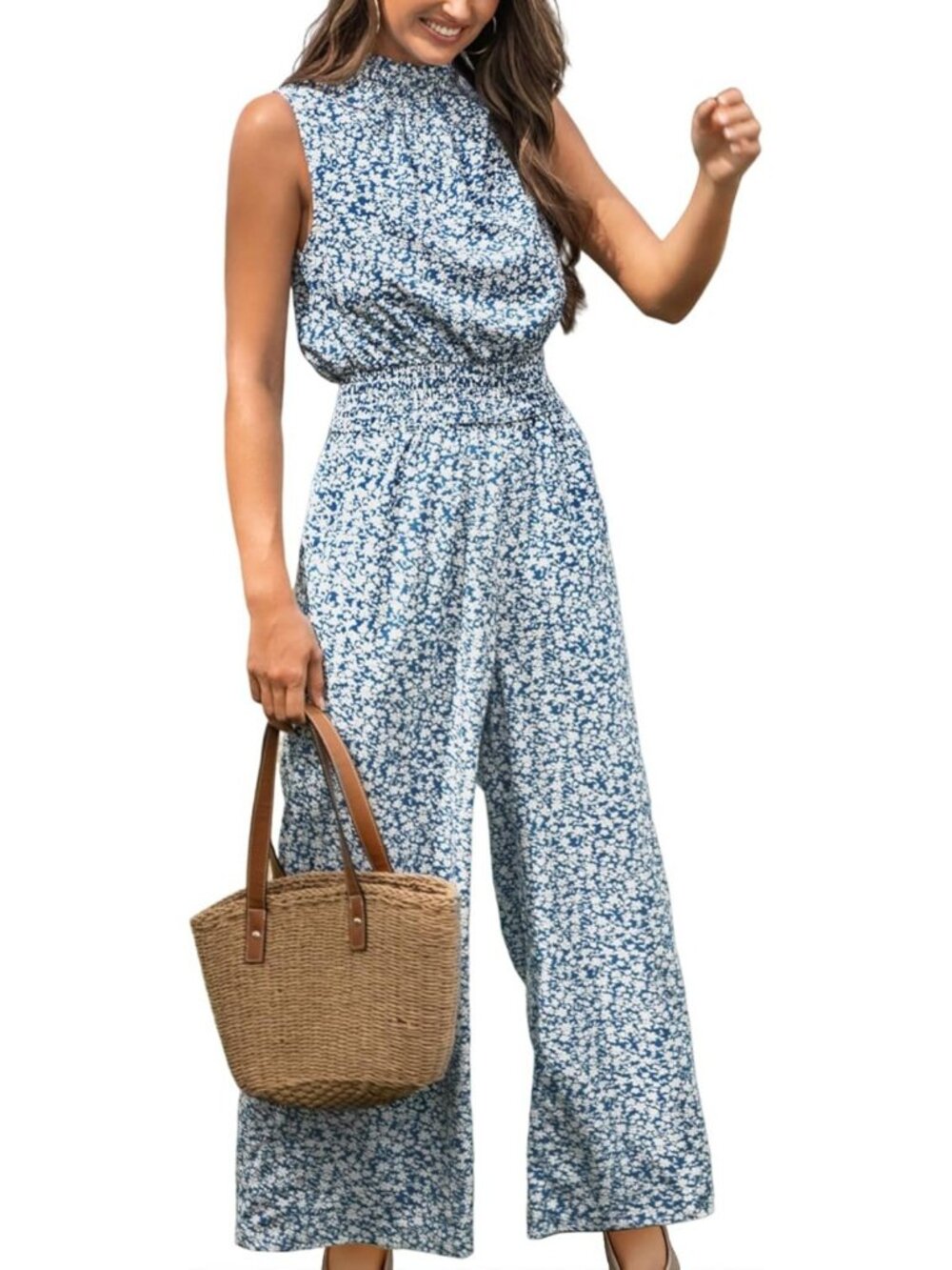 Floral Mock Neck Sleeveless Wide Leg Jumpsuit with Pockets for Women